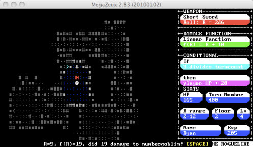 Duking it out with a Numbergoblin on level 2 of Math: The Roguelike.